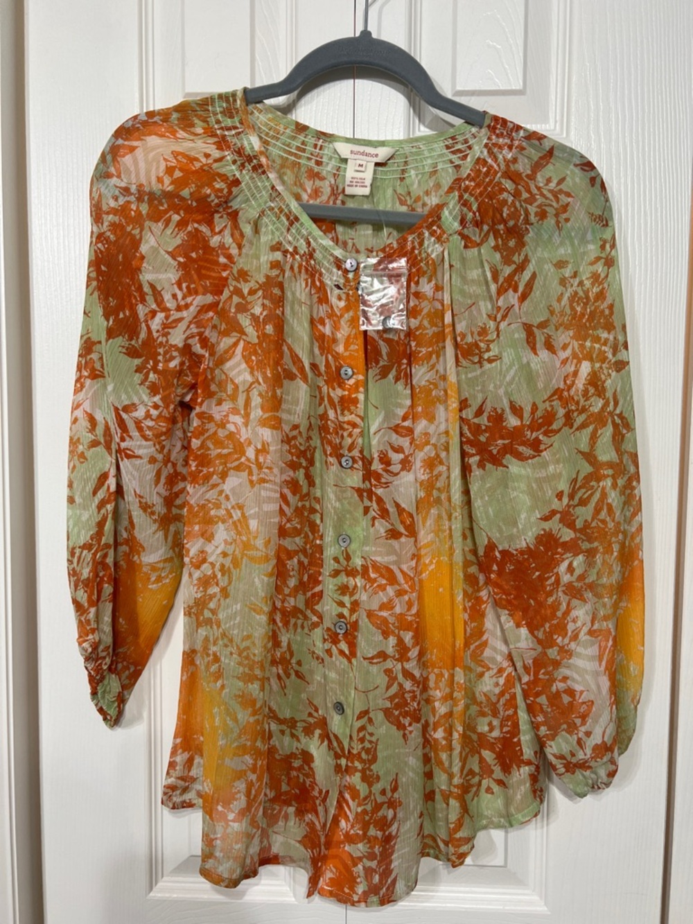 Sundance M whimsical garden Floral Button-Front Sheer Boho Silk Blouse NWOT